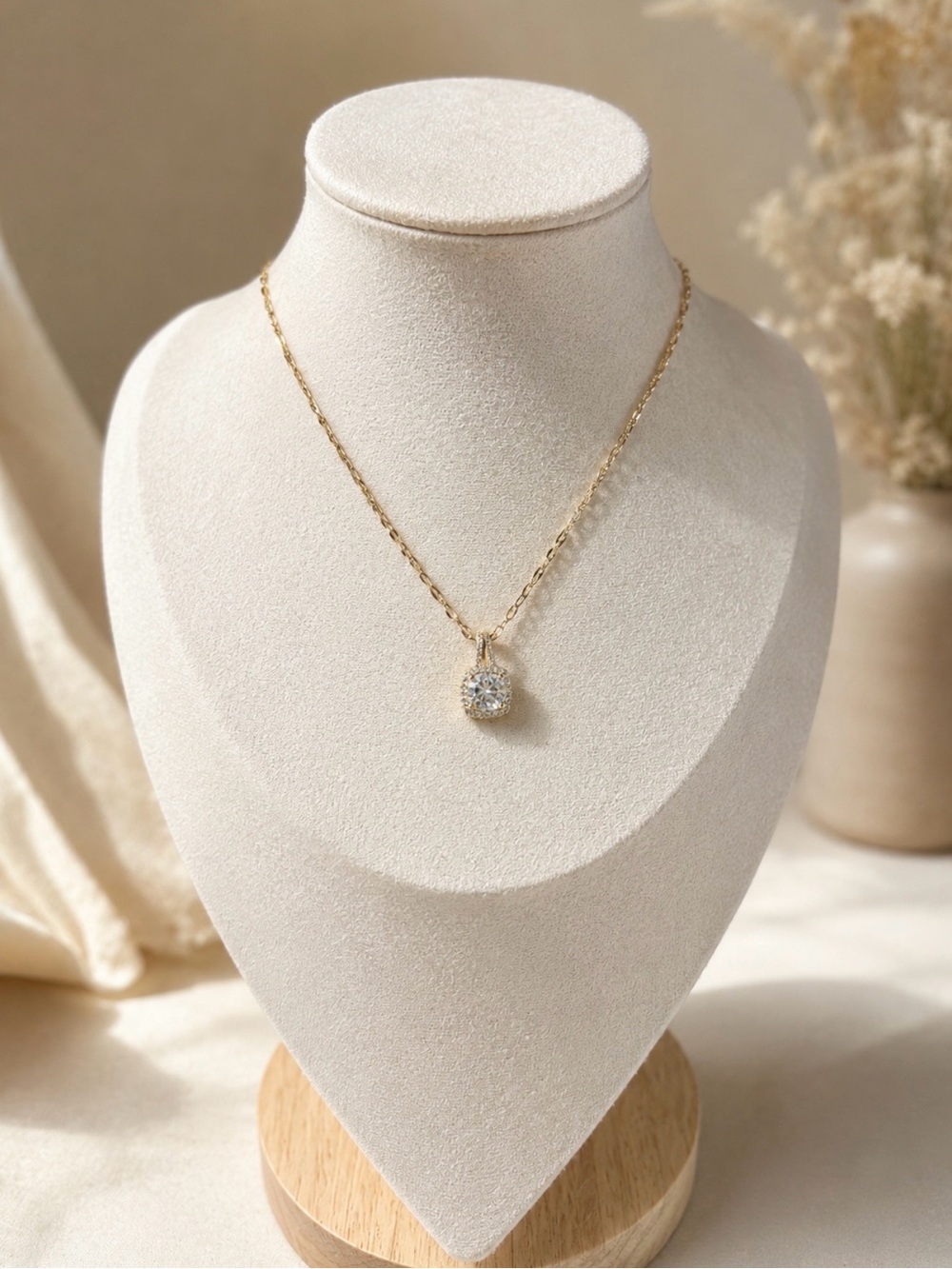Stainless Steel Gold CZ Halo Pendant Necklace
